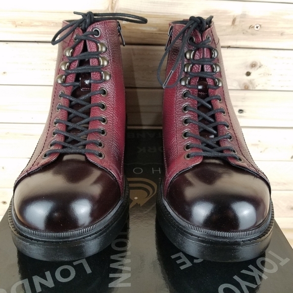 Men's Boots 10M 100% Genuine Leather Burgundy Biker Paul Branco Side Zip Lace-up - Picture 4 of 10